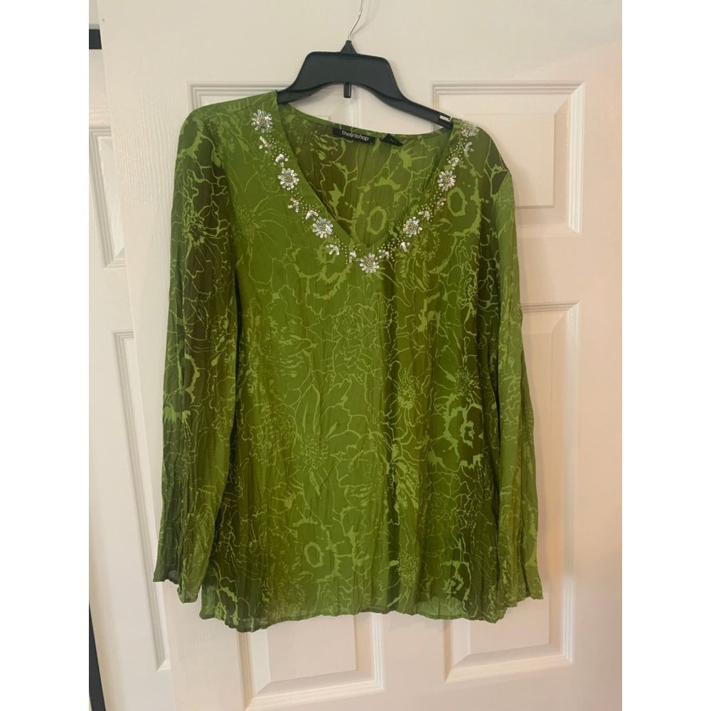The in Shop Women's Green & White Polyester V Neck Tunic Top Large